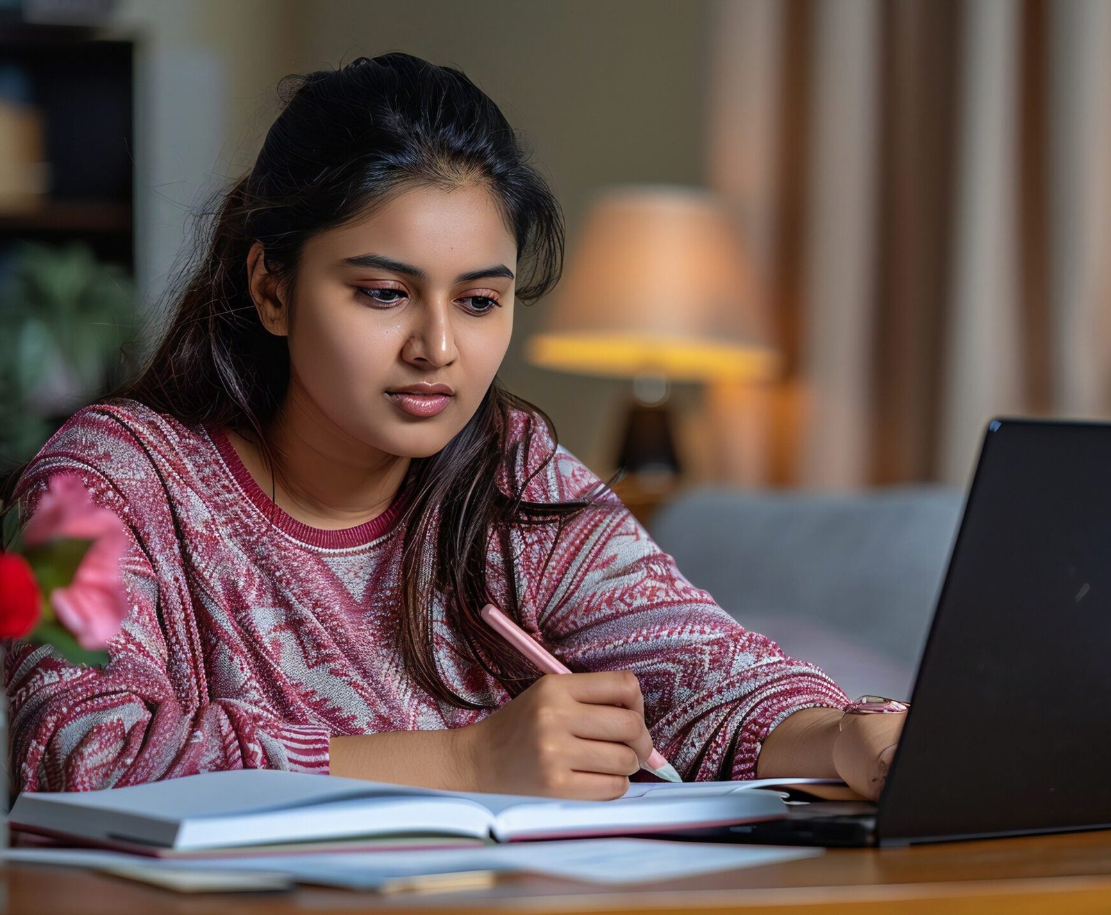 Focused woman working at home, laptop and notes, cozy interior, evening light